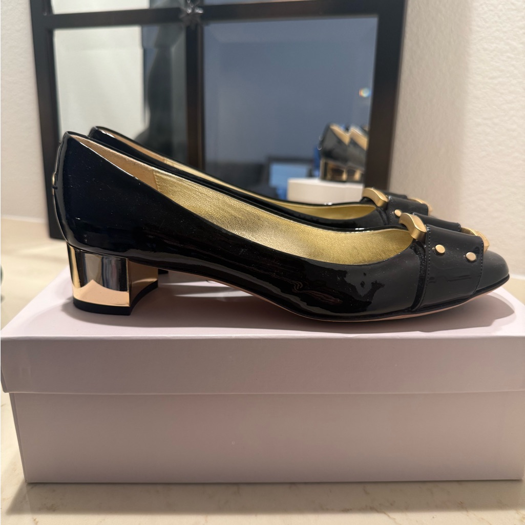 Jimmy Choo Black Patent Leather Low Heel Pumps With Gold Accents